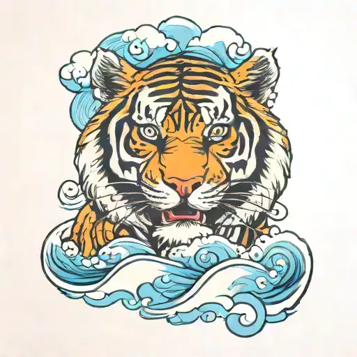 Irezumi Tiger Head Emerging From Waves And Clouds