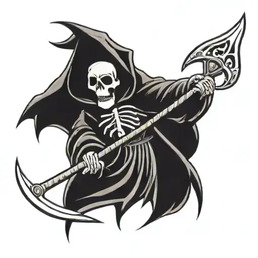 A Reaper Wielding A Scythe With Angelic Symbols Engraved On It