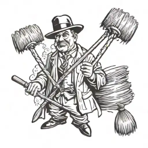 A Italian Mobster Holding A Mop And Broom As Weapons