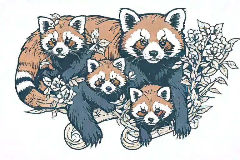Red Panda Mother With 4 Baby Red Pandas