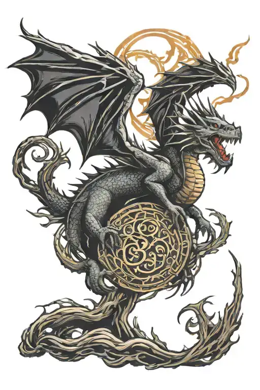 Dragon Flying Wraping Yygdrasil Huginn And Munin