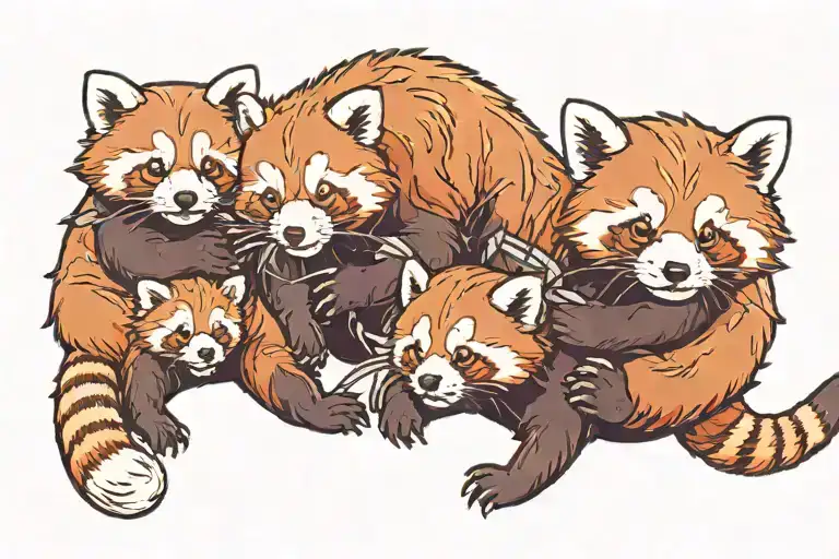 Red Panda Mother With 4 Baby Red Pandas Wrestling Eachother