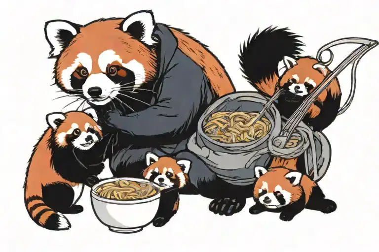 Red Panda Mother With 4 Baby Red Pandas Eating Ramen Noodles