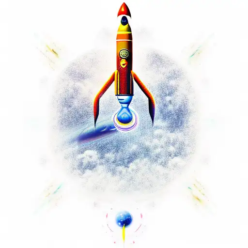 A Rocket Flying Through Space And A Thunder Including Some Art Of The Yin Yang Symbol