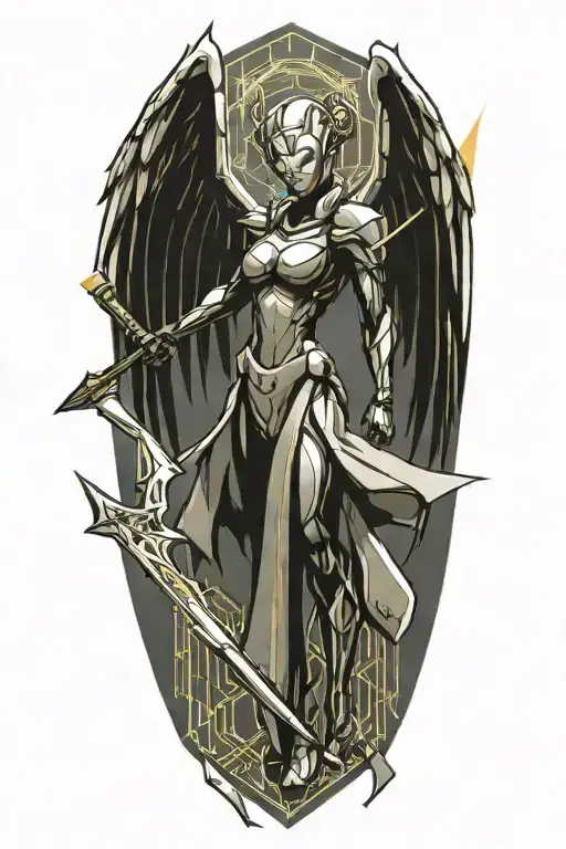 Cyberpunk Angel Holding Spear With Wings Of Light And Hexagonal Geometric Shapes In Background