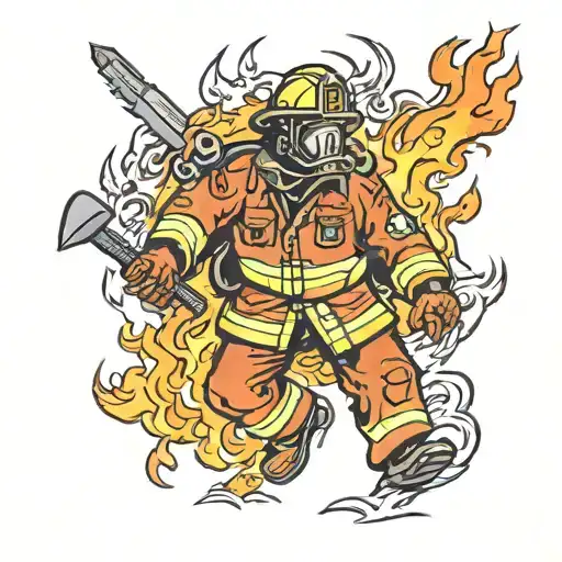 A New-school Design Of A Firefighter Heroically Battling Flames In A Forest Fire