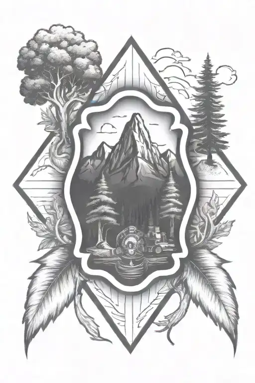 A Firefighter Emblem Surrounded By Nature Elements Like Trees And Mountains In Color