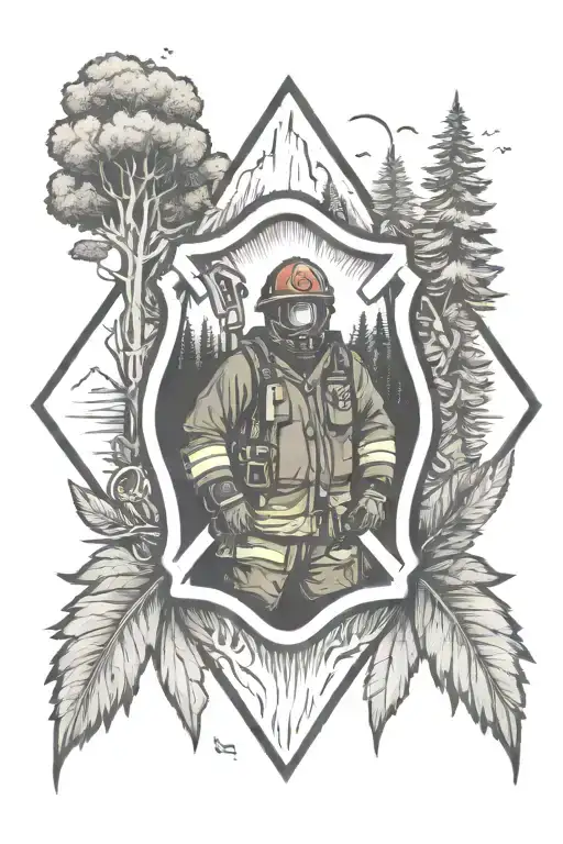 A Firefighter Emblem Surrounded By Nature Element Like Forest