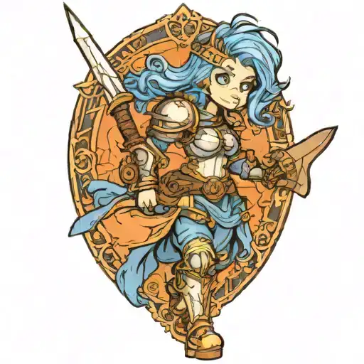 Full-body Blue-haired Woman Knight Carrying Big Warhammer And No Sword
