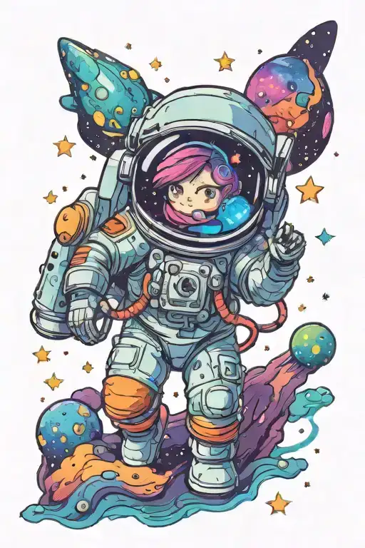 An Astronaut Exploring A Colorful Galaxy Filled With Cute Alien Creatures And Glittery Stars