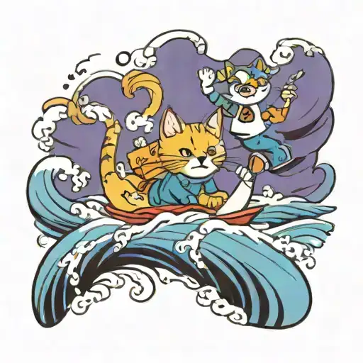 A Kitschy Cat And A Boy Riding Waves