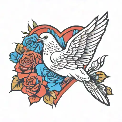 A Dove Holding A Red And Blue Rose In Its Beak With A Heart-shaped Background