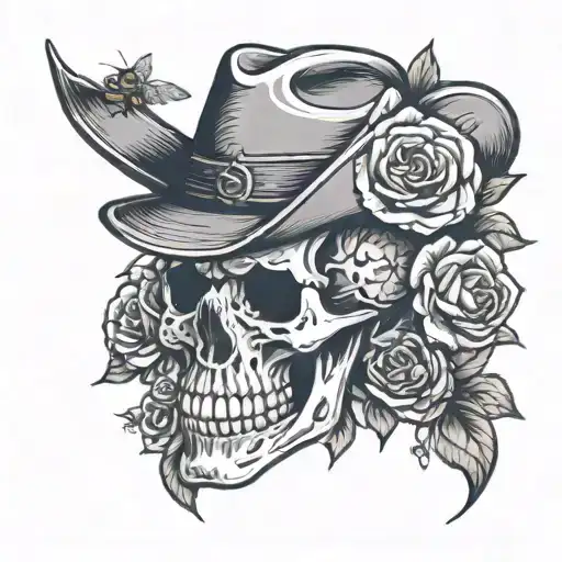 A Skull Wearing A Cowboy Hat Surrounded By Roses And Bees