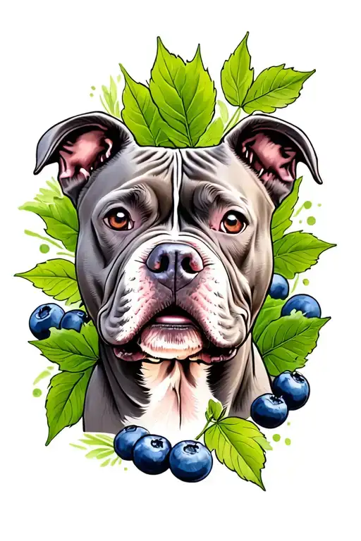 A Grey Pitbull Portrait Style Tattoo With Blueberries And Leaves Around