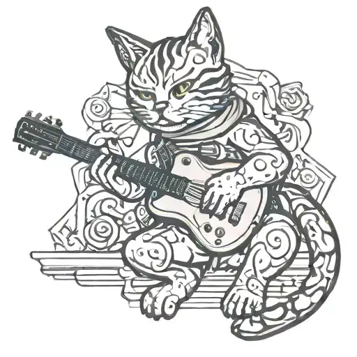 A Tattoo Design Featuring A Cat Playing A Guitar In A New-school Style