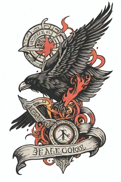 Dark Lettering Tattoo With Demonic Red Details Featuring A Raven Flying