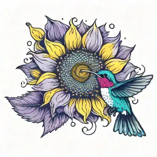 A Vibrant Yellow And Violet Sunflower With A Hummingbird Feeding From It