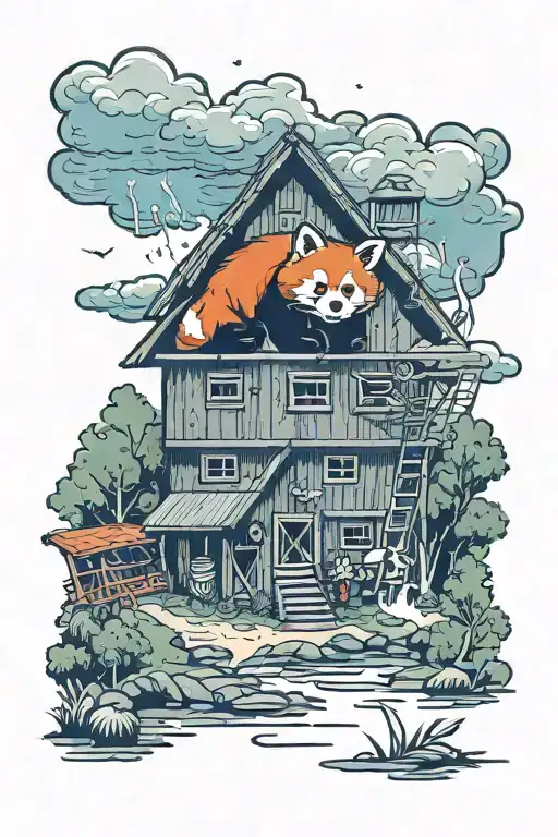 A Thunderstorm Brewing Over A Country Barn With A Red Panda Playing In The Rain