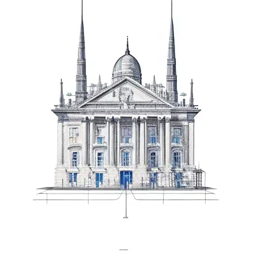 An Architectural Blueprint Of A Famous Building With A Vintage Car Parked In Front