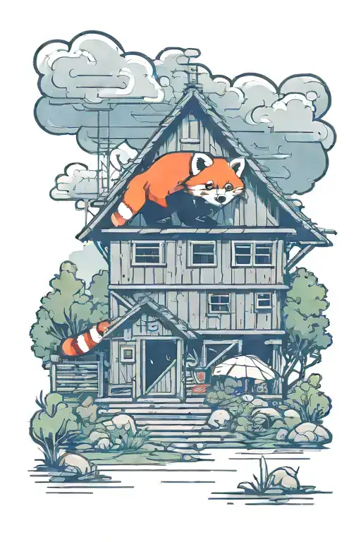 A Thunderstorm Brewing Over A Country Barn With A Red Panda Playing In The Rain