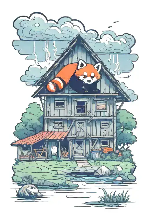 A Thunderstorm Brewing Over A Country Barn With A Red Panda Playing In The Rain