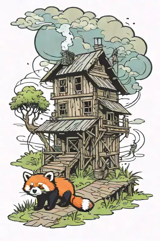 A Thunderstorm Brewing Over A Country Barn With A Red Panda Playing In The Rain