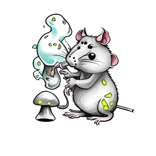 Cartoon Rat Sitting Under A Mushroom And Smoking A Cigarette