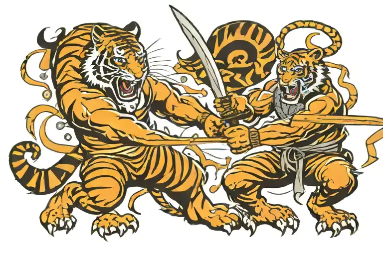 Tiger Fighting With Man Hands Sword Going