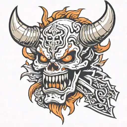 Oni Skull With Horns Holding Knife Inside Mouth