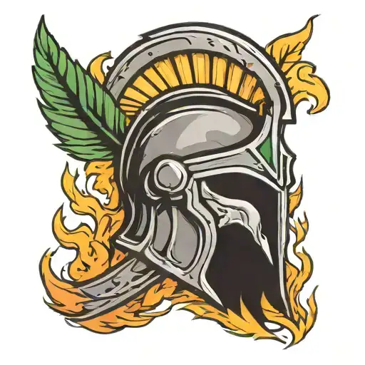 A Spartan Helmet Engulfed In Flames Flanked By Laurel Leaf Wreath