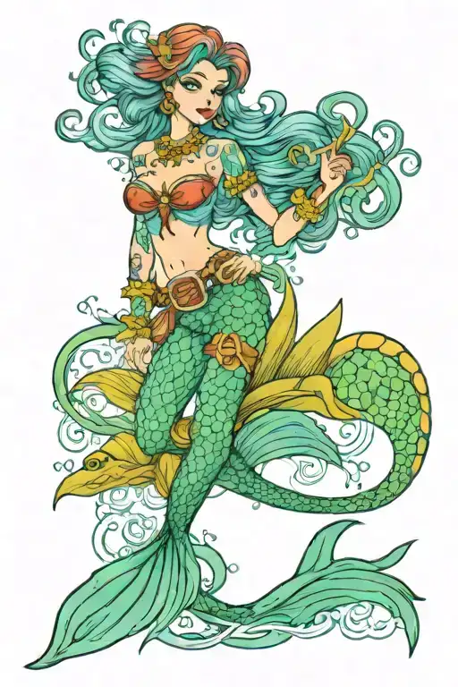 Full Color Mermaid On Seahourse With Cowgirl Theam