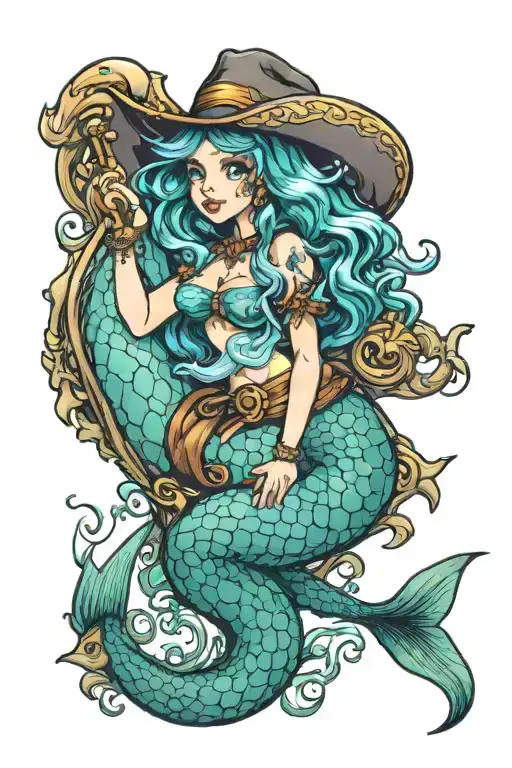 Full Color Mermaid On Seahourse With Cowgirl Hat Sitting On Sea Horse