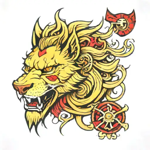 Half Lion With Golden Eye And Half Wolf With Red Eye Being Fierce