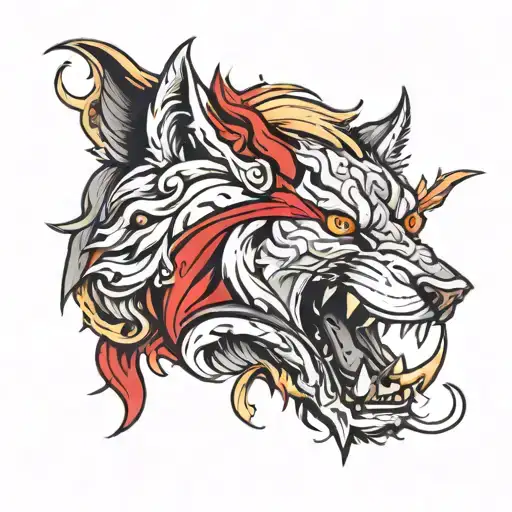 A Face Of Half Lion With Golden Eye And Half Wolf With Red Eye Being Fierce