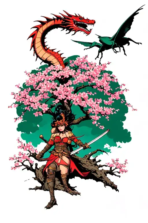 Bug Cherry Tree Blossom With A Dragon Flying Above The Tree And A Woman Warrior With A Katana