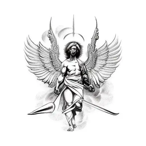 A Stylized Tattoo Representing The Archangel Michael Fighting Evil In Classic Art