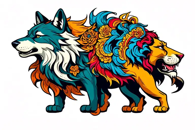Wolf And Lion Merged Back To Back