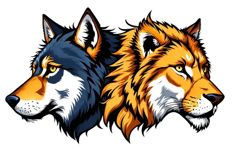 Wolf And Lion Faces Merged Back To Back