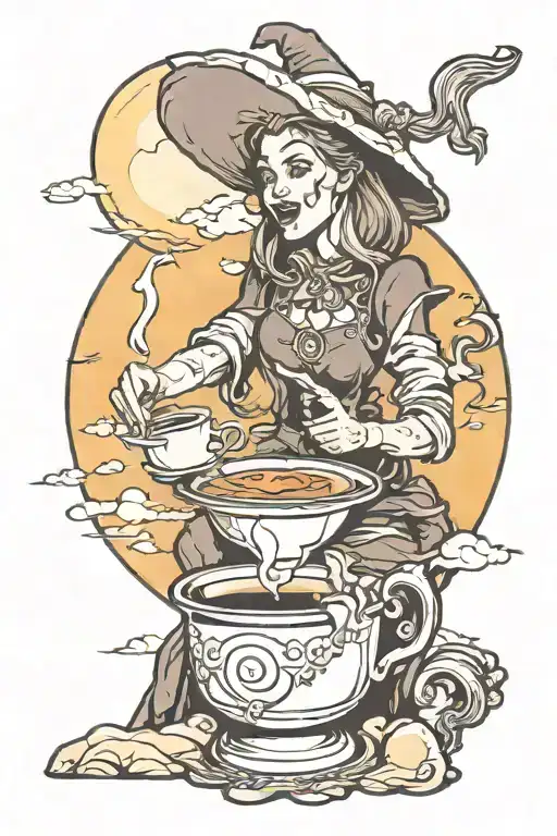 A Witch Brewing Coffee In The Mountains Under The Moonlight