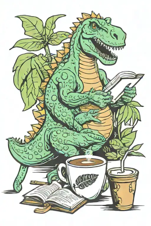 Dinosaurs Reading And Drinking Coffee In A Lush Prehistoric Jungle Cafe