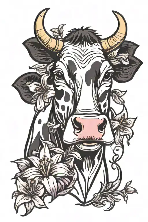 Cow In Black And Violet Lilies