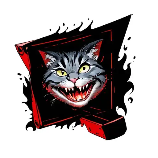 Cheshire Cat Smile And Eyes Inside A Red Fire Emergency Glass Box With Black Background