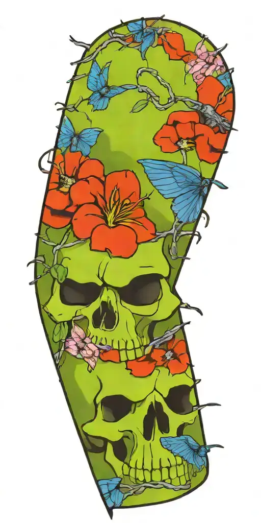 Mostly Tropical Flowers With Skulls Hidden Within And Strands Of Rusted Barbed Wire