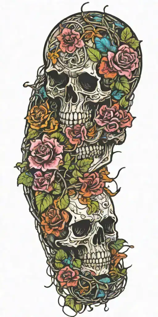 Mostly Tropical Flowers With Skulls Hidden Within And Strands Of Rusted Barbed Wire