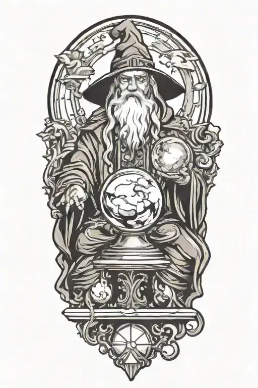 Old Wizard Holding Crystal Ball With Unicorn