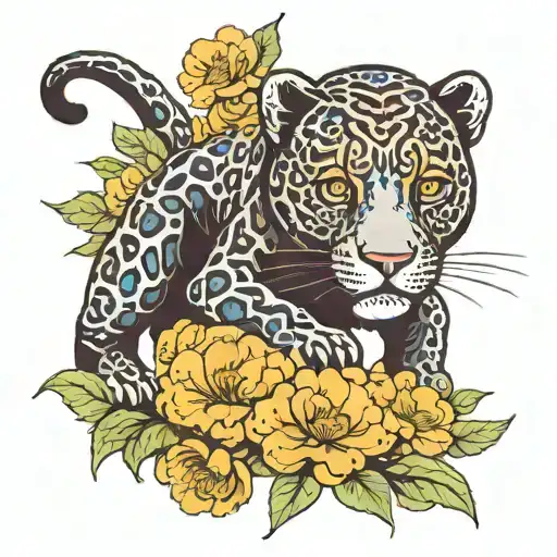 Crawling Black Jaguar With Marigold Flowers