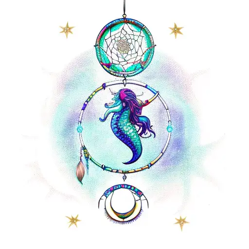 Capricorn Mermaid On A Crescent Moon Dream Catcher