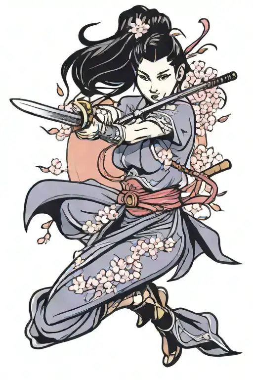An Artistic Representation Of Mulan Wielding A Cherry Blossom Sword