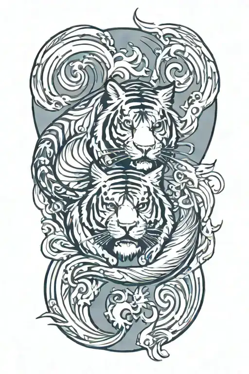 A Tattoo Design Combining A Tiger And A Phoenix In A Yin-yang Style Symbolizing Balance And Harmony