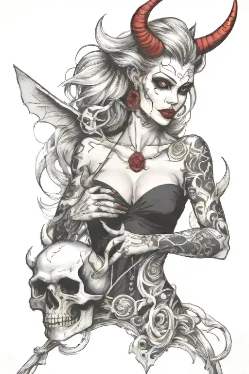 Evil Devil Woman Holding A Skull On Her Hand